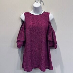 Michael Kors Cold Shoulder Ruffle Sleeve Top Pink Black Floral Print Size M